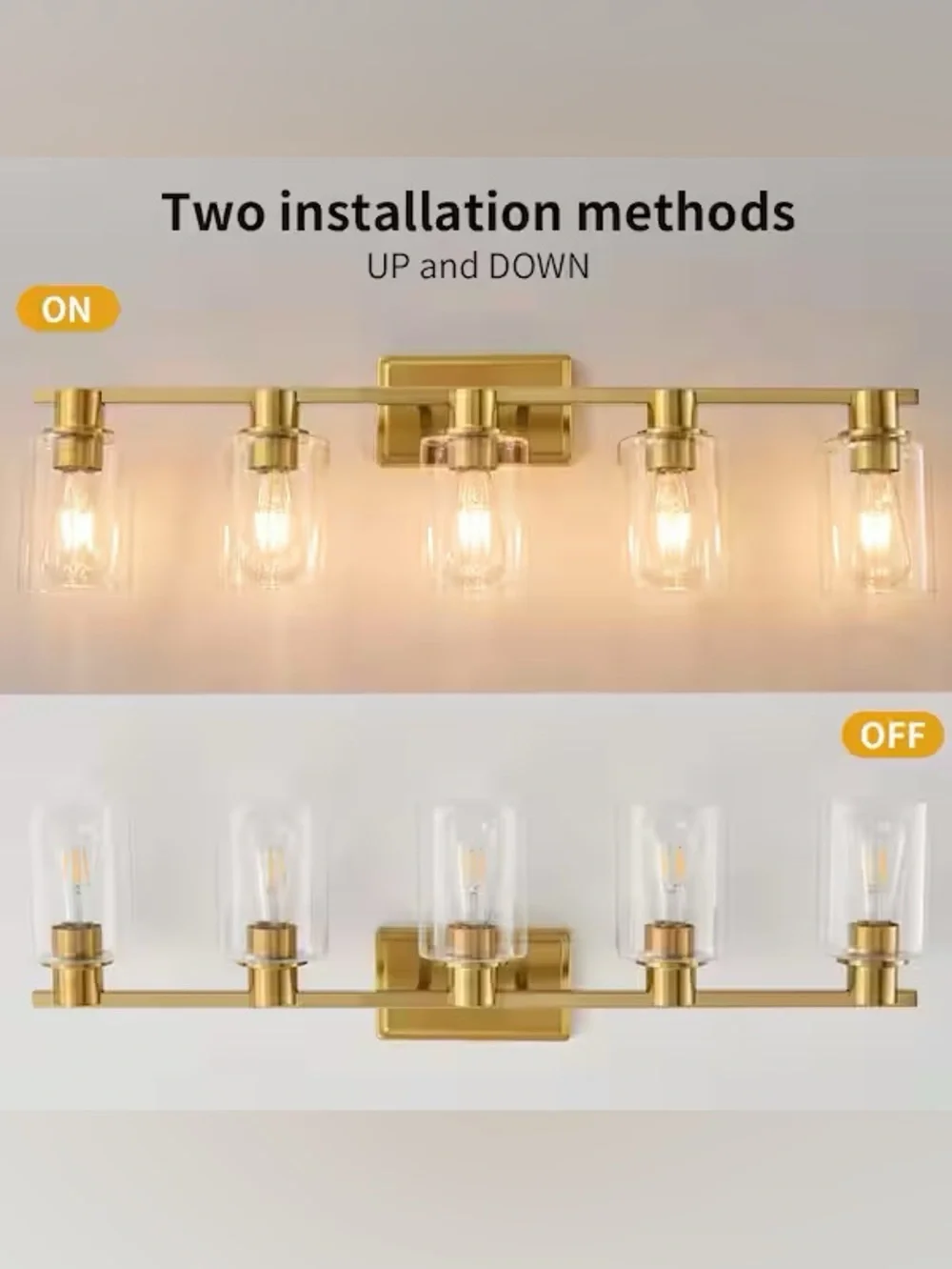 Gold Finish 5-Light Vanity Wall Sconce - Modern Glass Shade Bathroom Lighting
